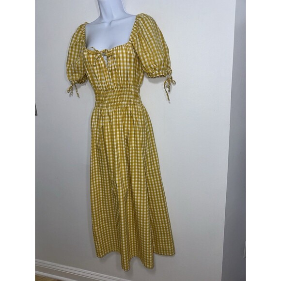 Faithfull Brand Flora Puff Sleeve Midi Yellow Mari Check Gingham Dress Women 6 - Picture 2 of 10